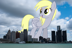Size: 1800x1205 | Tagged: safe, artist:dashiesparkle, artist:thegiantponyfan, derpy hooves, pegasus, pony, g4, background pony, derpyzilla, detroit, female, folded wings, giant derpy hooves, giant pegasus, giant pony, giantess, highrise ponies, irl, macro, mare, mega giant, michigan, open mouth, open smile, photo, ponies in real life, smiling, wings