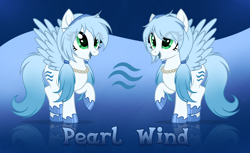 Size: 7156x4378 | Tagged: safe, artist:rioshi, artist:starshade, oc, oc only, oc:pearl wind, pegasus, pony, 2021, absurd resolution, base used, blue background, blue mane, cute, female, food, gradient background, green eyes, mare, pear, reference sheet, simple background, solo, starry eyes, white body, wingding eyes