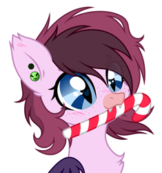 Size: 2652x2826 | Tagged: safe, artist:mint-light, artist:rioshi, artist:starshade, oc, oc only, oc:bree berry, bat pony, pony, g4, 2021, base used, bat pony oc, bat wings, blushing, bust, candy, candy cane, christmas, commission, cute, ear piercing, fangs, female, food, heart, heart eyes, high res, holiday, mare, merry christmas, mouth hold, piercing, portrait, simple background, solo, white background, wingding eyes, wings, ych result