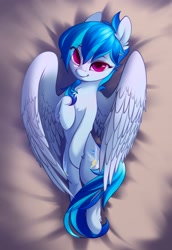 Size: 1408x2048 | Tagged: source needed, safe, artist:blue ink, oc, oc only, oc:valor compassion, pegasus, pony, bedroom eyes, body pillow, body pillow design, female, looking at you, lying down, pegasus oc, raised hoof, solo