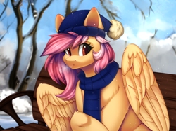 Size: 2732x2048 | Tagged: safe, artist:alphadesu, oc, oc only, oc:cotton seams, pegasus, pony, bench, clothes, detailed background, female, hat, high res, mare, not fluttershy, scarf, sitting, snow, snowfall, solo, tree, winter