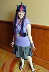 Size: 493x720 | Tagged: safe, artist:xcrowehx, twilight sparkle, human, g4, 2012, clothes, cosplay, costume, flip-flops, irl, irl human, looking at you, photo, smiling, smiling at you, solo