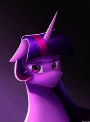 Size: 1000x1346 | Tagged: safe, artist:vezja, twilight sparkle, pony, g4, abstract background, bust, female, horn, looking at you, mare, portrait, simple background