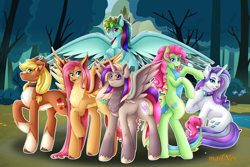 Size: 8086x5406 | Tagged: safe, artist:mailner, applejack, fluttershy, gummy, manny roar, opalescence, owlowiscious, pinkie pie, rainbow dash, rarity, tank, twilight sparkle, winona, alicorn, alligator, bird, cat, cat pony, dog, dog pony, manticore, original species, owl, pegasus, pony, tortoise, unicorn, g4, absurd file size, absurd resolution, appledog, applejack's hat, bipedal, collar, colored hooves, colored wings, cowboy hat, crossed arms, fangs, female, flying, fusion, grin, hat, hooves, horn, jewelry, looking at you, male, mane six, mare, necklace, raised hoof, raricat, redesign, smiling, smiling at you, spread wings, tail, wall of tags, we have become one, wings, wrinkles