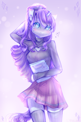 Size: 2000x3000 | Tagged: safe, artist:zefirka, rarity, unicorn, anthro, g4, adorasexy, arm behind head, blushing, boob window, breasts, busty rarity, clothes, cute, ear blush, ear piercing, earring, heart, heart shaped boob window, high res, jewelry, keyhole turtleneck, looking at you, notebook, piercing, pleated skirt, raribetes, sexy, skirt, socks, solo, sweater, sweater puppies, thigh highs, thighs, turtleneck, zettai ryouiki