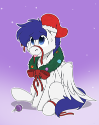 Size: 1744x2208 | Tagged: safe, artist:rokosmith26, oc, oc only, oc:silent street, pegasus, pony, bow, cheek fluff, chest fluff, christmas, christmas stocking, christmas wreath, commission, floppy ears, gradient background, holiday, looking up, male, one ear down, pegasus oc, raised hoof, ribbon, simple background, sitting, smiling, solo, spread wings, stallion, sweat, sweatdrop, tail, tongue out, wing fluff, wings, wreath, ych result
