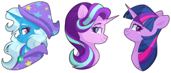 Size: 1024x438 | Tagged: safe, artist:cinnamontee, starlight glimmer, trixie, twilight sparkle, pony, unicorn, g4, bust, female, magical trio, mare, portrait, simple background, smiling, transparent background, trio