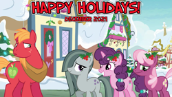 Size: 2063x1160 | Tagged: safe, artist:not-yet-a-brony, big macintosh, cheerilee, marble pie, sugar belle, earth pony, pony, unicorn, g4, 2021, awkward, christmas, embarrassed, female, friends, friendship, friendshipping, happy holidays, hearth's warming, holiday, holly, husband and wife, joke, male, mare, ponyville, prank, schadenfreude, ship:sugarmac, shipping, snow, stallion, straight, uh oh, winter, youtube link in the description