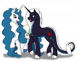 Size: 1788x1421 | Tagged: safe, artist:rosarianart, oc, oc only, oc:alicia bluebell, oc:amethyst, dracony, hybrid, pony, unicorn, colored hooves, duo, female, interspecies offspring, mare, offspring, parent:fancypants, parent:fleur-de-lis, parent:rarity, parent:spike, parents:fancyfleur, parents:sparity, simple background, talking, white background