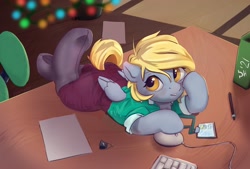 Size: 2300x1557 | Tagged: safe, artist:drafthoof, derpy hooves, pegasus, pony, g4, badge, clothes, computer mouse, keyboard, looking up, lying down, office, skirt, solo, table, the pose