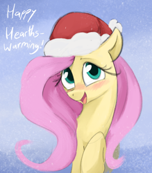 Size: 698x798 | Tagged: safe, artist:dotkwa, fluttershy, pegasus, pony, g4, blushing, christmas, cute, female, hat, holiday, looking at you, mare, open mouth, open smile, santa hat, shyabetes, smiling, smiling at you, solo, talking to viewer