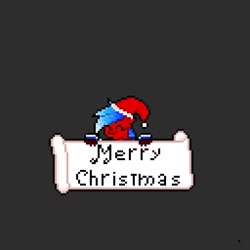 Size: 1280x1280 | Tagged: safe, artist:mariothepixelarter, oc, oc only, pony, christmas, eyes closed, gray background, hat, holiday, merry christmas, pixel art, ponysona, santa hat, sign, simple background, smiling, solo