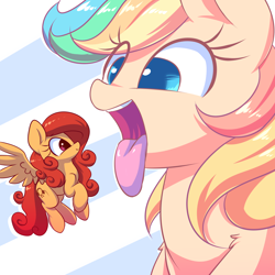 Size: 2500x2500 | Tagged: safe, artist:acersiii, oc, oc only, oc:soft melody, pegasus, pony, blue eyes, duo, eye clipping through hair, flying, high res, macro, micro, open mouth, oral invitation, pegasus oc, spread wings, tongue out, wings
