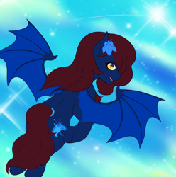 Size: 2331x2348 | Tagged: safe, artist:wild-fluff, oc, oc only, oc:nightingale, bat pony, bat pony oc, bat wings, flower, flower in hair, flying, freckles, high res, looking at you, poison joke, simple background, smiling, smiling at you, wings