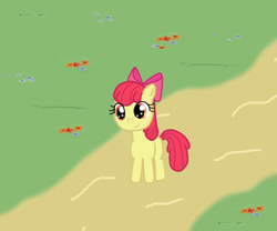 Size: 600x500 | Tagged: safe, artist:yasmeen-444, apple bloom, earth pony, pony, g4, apple bloom's bow, bow, female, filly, flower, foal, hair bow, orange eyes, outdoors, red mane, red tail, smiling, solo, tail