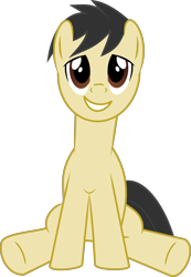 Size: 1873x2702 | Tagged: safe, anonymous artist, derpibooru exclusive, oc, oc only, earth pony, pony, 2022 community collab, derpibooru community collaboration, .svg available, brown eyes, earth pony oc, front view, full body, grin, lidded eyes, male, show accurate, simple background, sitting, smiling, solo, stallion, svg, transparent background, underhoof, vector