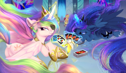 Size: 2063x1200 | Tagged: safe, artist:sketchiix3, princess celestia, princess luna, twilight sparkle, alicorn, pony, unicorn, g4, :p, banana, bananalestia, butt, canterlot castle, card game, crossed hooves, crown, do you like bananas?, dock, duo focus, ethereal mane, ethereal tail, featureless crotch, female, food, herbivore, horseshoes, jewelry, lying down, on floor, peytral, playing card, plot, prone, regalia, royal guard, royal sisters, siblings, sisters, stained glass, sunbutt, tail, this will end in death, this will end in nightmare moon, this will end in tears, this will end in tears and/or death, tongue out, trollestia, uno, uno reverse card