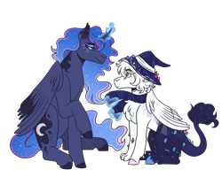 Size: 3000x2400 | Tagged: safe, artist:monnarcha, princess luna, oc, oc:cosmos, hybrid, g4, clothes, hat, high res, magic, male, scarf, simple background, transparent background, witch hat