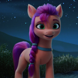 Size: 690x690 | Tagged: safe, screencap, sunny starscout, earth pony, pony, g5, my little pony: a new generation, spoiler:my little pony: a new generation, cropped, cute, female, mare, night, open mouth, open smile, smiling, solo, stars, sunnybetes