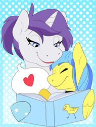 Size: 3054x4027 | Tagged: safe, artist:spectoidd, oc, oc:bubble "duckie" bath, oc:indigo wire, pegasus, pony, unicorn, book, choker, duo, eyes closed, gradient hooves, hooves, lipstick, not rarity, reading, rubber duck, snuggling, speech bubble