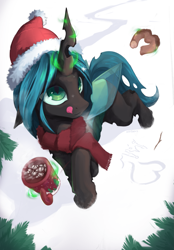 Size: 1597x2298 | Tagged: safe, artist:hitbass, queen chrysalis, changeling, changeling queen, g4, chocolate, christmas, clothes, cute, cutealis, donut, female, food, glowing, glowing horn, hat, holiday, horn, hot chocolate, licking, licking lips, magic, mug, santa hat, scarf, smiling, snow, solo, telekinesis, tongue out, tree, winter