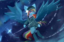 Size: 2560x1680 | Tagged: safe, artist:ssnerdy, rainbow dash, pegasus, pony, g4, beanie, cap, clothes, earmuffs, feather, female, flying, grin, hat, jacket, leggings, mare, night, smiling, snow, solo, spread wings, wind, wings, winter, winter outfit
