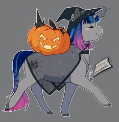 Size: 2000x2057 | Tagged: safe, artist:royvdhel-art, oc, oc only, pony, unicorn, blush sticker, blushing, colored hooves, commission, eyes closed, gray background, halloween, hat, heart, high res, holiday, horn, jack-o-lantern, magic, magic aura, pumpkin, simple background, smiling, unicorn oc, witch hat, ych result