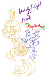 Size: 3174x5159 | Tagged: safe, artist:adorkabletwilightandfriends, moondancer, oc, oc:pinenut, cat, deer, pony, reindeer, unicorn, g4, adorkable, adorkable friends, antlers, back, butt, christmas, christmas tree, clothes, cute, dancerbetes, dork, eyebrows, glasses, happy, hat, hearth's warming, hearth's warming tree, holiday, looking at you, mooningdancer, nerd, nerdy, pet oc, pinebetes, plot, reindeer antlers, scarf, sitting, snowman, sweater, tree
