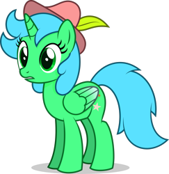 Size: 1853x1905 | Tagged: safe, artist:starcollider, oc, oc only, alicorn, pony, 2022 community collab, derpibooru community collaboration, alicorn oc, colored wings, colored wingtips, feather hat, female, folded wings, full body, green eyes, hat, horn, mare, open mouth, shadow, show accurate, simple background, solo, standing, transparent background, wings