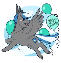 Size: 694x715 | Tagged: safe, artist:royvdhel-art, oc, oc only, oc:cloud zapper, pegasus, pony, blush sticker, blushing, flying, happy birthday, looking back, male, pegasus oc, simple background, solo, stallion, white background, wings