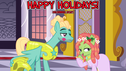 Size: 2064x1160 | Tagged: safe, anonymous artist, artist:cloudy glow, artist:frownfactory, edit, tree hugger, zephyr breeze, earth pony, pegasus, pony, g4, 2021, armor, canterlot, canterlot castle, christmas, clothes, december, dress, female, floral head wreath, flower, gala, gala dress, happy holidays, hearth's warming, holiday, holly, kiss mark, lipstick, lyrics in the description, male, mare, party, royal guard armor, shipping, stallion, straight, youtube link in the description, zephyrhugger