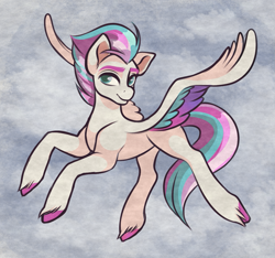 Size: 1069x1000 | Tagged: safe, artist:marsel1nushka, zipp storm, pegasus, pony, g5, my little pony: a new generation, colored wings, concave belly, female, flying, mare, multicolored wings, smiling, solo, spread wings, turned head, unshorn fetlocks, wings