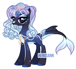 Size: 1581x1437 | Tagged: safe, artist:herusann, oc, oc only, sea pony, base used, eyelashes, female, hoof polish, jewelry, makeup, mare, necklace, pearl necklace, smiling