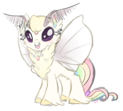 Size: 2583x2321 | Tagged: safe, artist:khimi-chan, oc, oc only, oc:jewel, moth, mothpony, original species, bio in description, chest fluff, eyelashes, female, high res, multicolored hair, rainbow hair, simple background, smiling, white background, wings