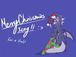 Size: 1024x768 | Tagged: safe, artist:metaruscarlet, oc, oc only, oc:elizabat stormfeather, alicorn, bat pony, bat pony alicorn, pony, alicorn oc, bat pony oc, bat wings, blue background, blushing, christmas, clothes, female, hat, holiday, horn, mare, merry christmas, santa hat, simple background, smiley face, socks, solo, striped socks, uwu, wings