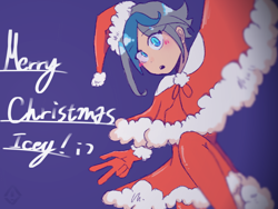 Size: 1024x768 | Tagged: safe, artist:metaruscarlet, oc, oc only, oc:elizabat stormfeather, human, blue background, christmas, clothes, costume, dress, female, gloves, hat, holiday, humanized, humanized oc, merry christmas, santa costume, santa hat, simple background, socks, solo, stockings, thigh highs