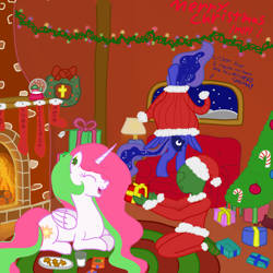 Size: 2000x2000 | Tagged: safe, artist:notawriteranon, princess celestia, princess luna, oc, oc:anon, g4, christmas, christmas lights, christmas stocking, christmas tree, clothes, fireplace, gift wrapped, high res, holiday, present, royal sisters, siblings, sisters, snow, snowfall, snowflake, sweater, tree