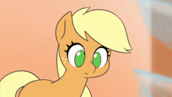 Size: 600x338 | Tagged: safe, artist:doublewbrothers, applejack, earth pony, pony, my tiny pony, g4, animated, appletini, cute, female, gif, jackabetes, looking at you, looking down, mare, micro, missing accessory, reaction image, solo, tiny, tiny ponies