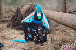 Size: 1280x851 | Tagged: safe, artist:pixelvixens, queen chrysalis, human, g4, barefoot, clothes, cosplay, costume, feet, forest, irl, irl human, pants, photo, ripped pants, torn clothes
