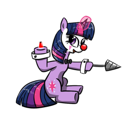 Size: 800x800 | Tagged: safe, artist:twi clown, oc, oc only, oc:twi clown, pony, unicorn, 2022 community collab, derpibooru community collaboration, bowtie, clone, clown, clown makeup, clown nose, drill, female, mare, potion, red nose, simple background, sitting, solo, transparent background