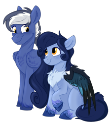 Size: 1198x1333 | Tagged: safe, artist:rutkotka, oc, oc only, oc:maverick, oc:squall splitter, oc:tundra, pegasus, pony, 2022 community collab, derpibooru community collaboration, chest fluff, couple, duo, female, looking at each other, looking at someone, male, mare, pegasus oc, photo, raised hoof, simple background, sitting, smiling, smiling at each other, stallion, straight, transparent background