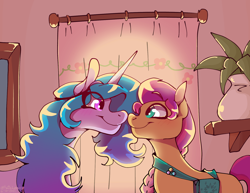 Size: 1792x1384 | Tagged: safe, artist:kattylender, izzy moonbow, sunny starscout, earth pony, pony, unicorn, g5, my little pony: a new generation, spoiler:my little pony: a new generation, boop, female, lesbian, looking at each other, looking at someone, noseboop, plant, ship:moonscout, shipping, smiling, smiling at each other