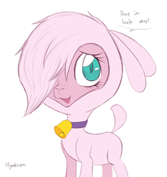 Size: 1720x1819 | Tagged: safe, artist:hyakuen, pom (tfh), lamb, sheep, them's fightin' herds, adorapom, alternate hairstyle, blushing, community related, cute, dialogue, female, hair over one eye, looking at you, shy, simple background, solo, white background