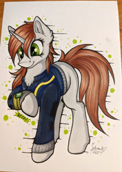 Size: 2749x3890 | Tagged: safe, artist:julunis14, oc, oc only, oc:littlepip, pony, unicorn, fallout equestria, chest fluff, ear fluff, eyelashes, female, high res, horn, mare, photo, pipbuck, raised hoof, smiling, solo, traditional art