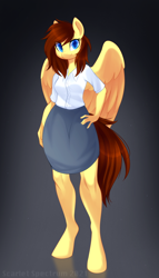 Size: 1122x1958 | Tagged: safe, artist:scarlet-spectrum, artist:scarlett-sketches, oc, oc only, oc:lucy harmony, pegasus, anthro, unguligrade anthro, clothes, female, mare, skirt, solo