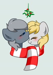 Size: 1412x1972 | Tagged: safe, artist:kittyrosie, derpy hooves, oc, oc:grayscale, pegasus, pony, g4, canon x oc, clothes, commission, cute, derpabetes, duo, eyes closed, holly, kiss on the head, mistleholly, ocbetes, scarf, shared clothing, shared scarf, simple background, striped scarf, ych result