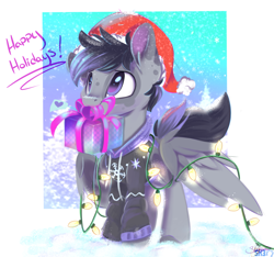 Size: 1280x1200 | Tagged: safe, artist:sketchiix3, oc, oc only, pegasus, pony, christmas, christmas lights, clothes, hat, holiday, mouth hold, present, santa hat, solo, sweater