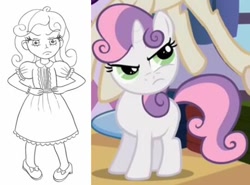 Size: 546x405 | Tagged: safe, artist:jklrxdk, sweetie belle, human, pony, unicorn, g4, sisterhooves social, comparison, female, humanized, screencap reference, solo, sweetie belle is not amused, traditional art, unamused