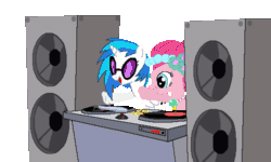 Size: 500x300 | Tagged: safe, artist:tomdantherock, dj pon-3, pinkie pie, vinyl scratch, earth pony, pony, unicorn, a canterlot wedding, g4, animated, bipedal, duo, duo female, female, gif, open mouth, open smile, simple background, smiling, speaker, transparent background, turntable, wub
