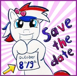 Size: 715x706 | Tagged: safe, oc, oc:britannia (uk ponycon), uk ponycon, arrow, bow, holding sign, looking at you, mascot, save the date, smiling, smiling at you, solo